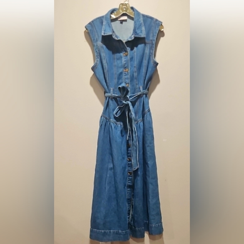 Drop Waist Denim Midi Dress with Tie Belt